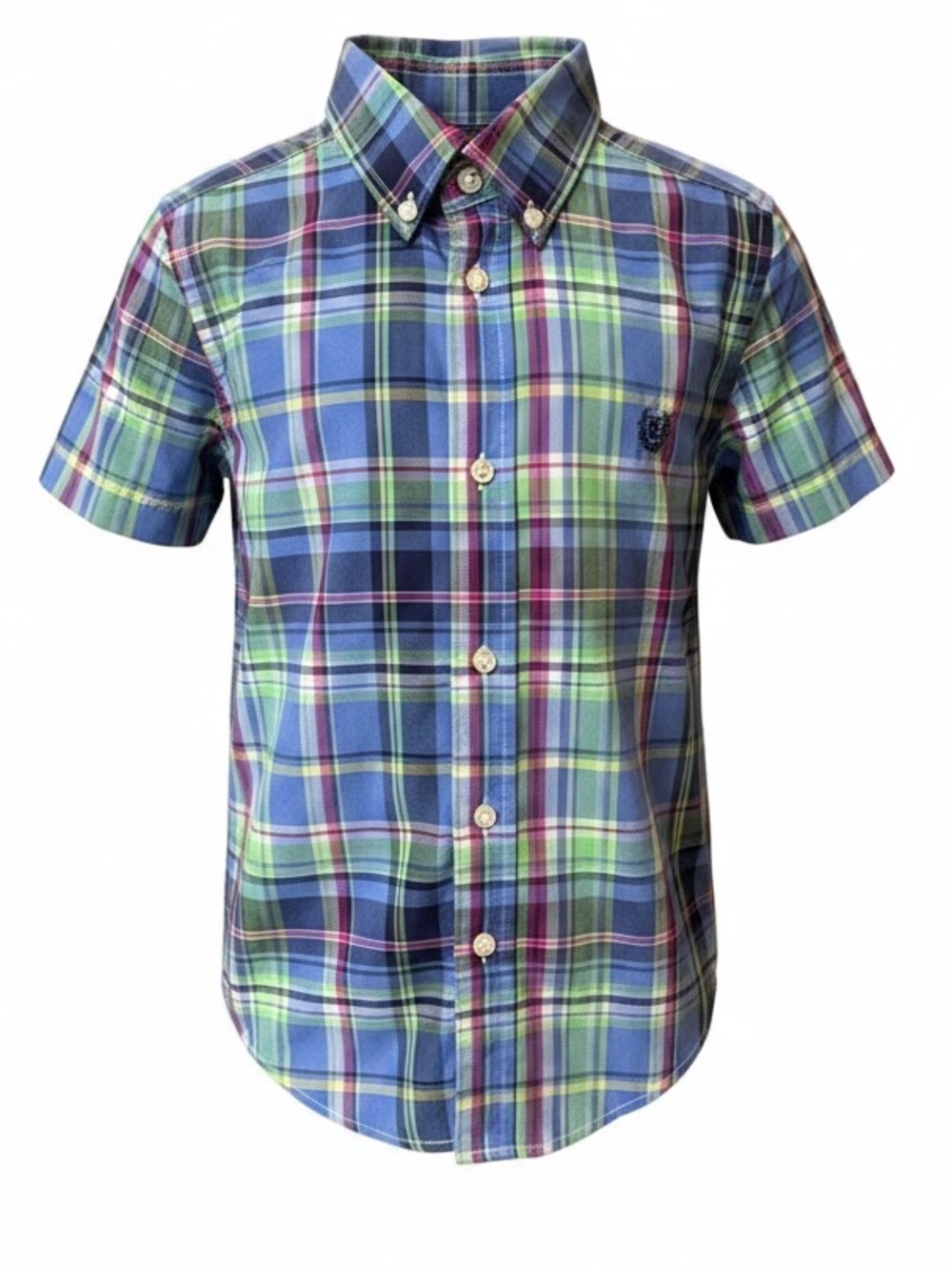Chaps Boys Size 7 Plaid Button Down Shirt Blue Green Preppy EUC